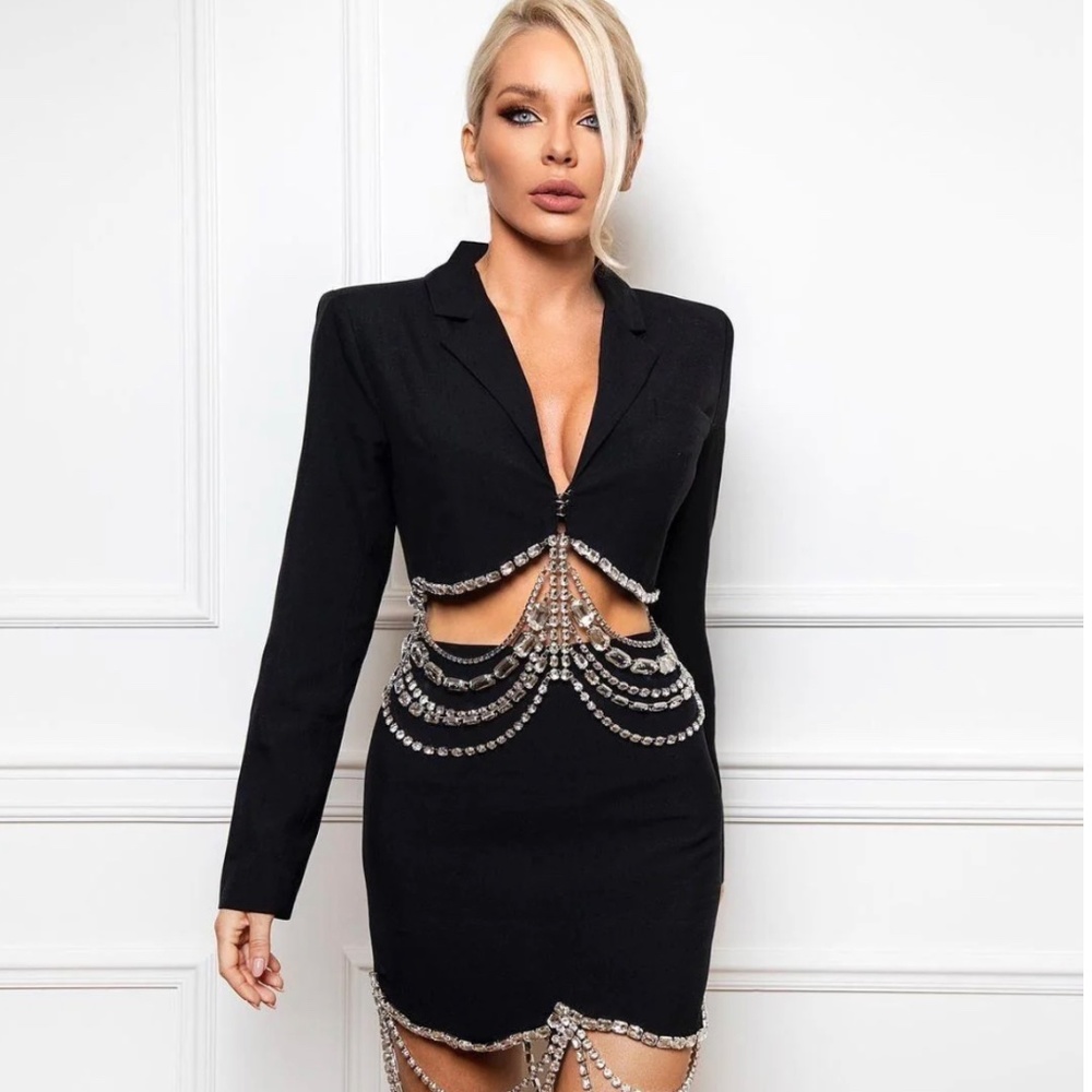 Trendy black skirt set with embellishments, medium